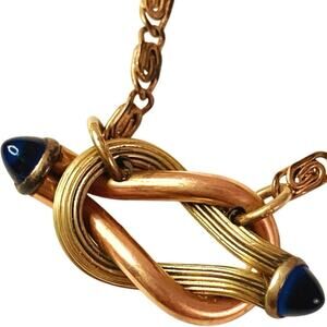 VTG 1950s Tie Bar Chain Drop Rolled Gold Plated Blue Glass Cabochon Mid Century
